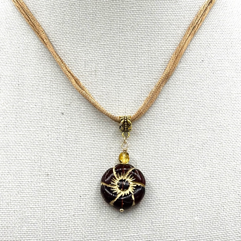 Hand Crafted Gold and Brown Pendant Cord Necklace